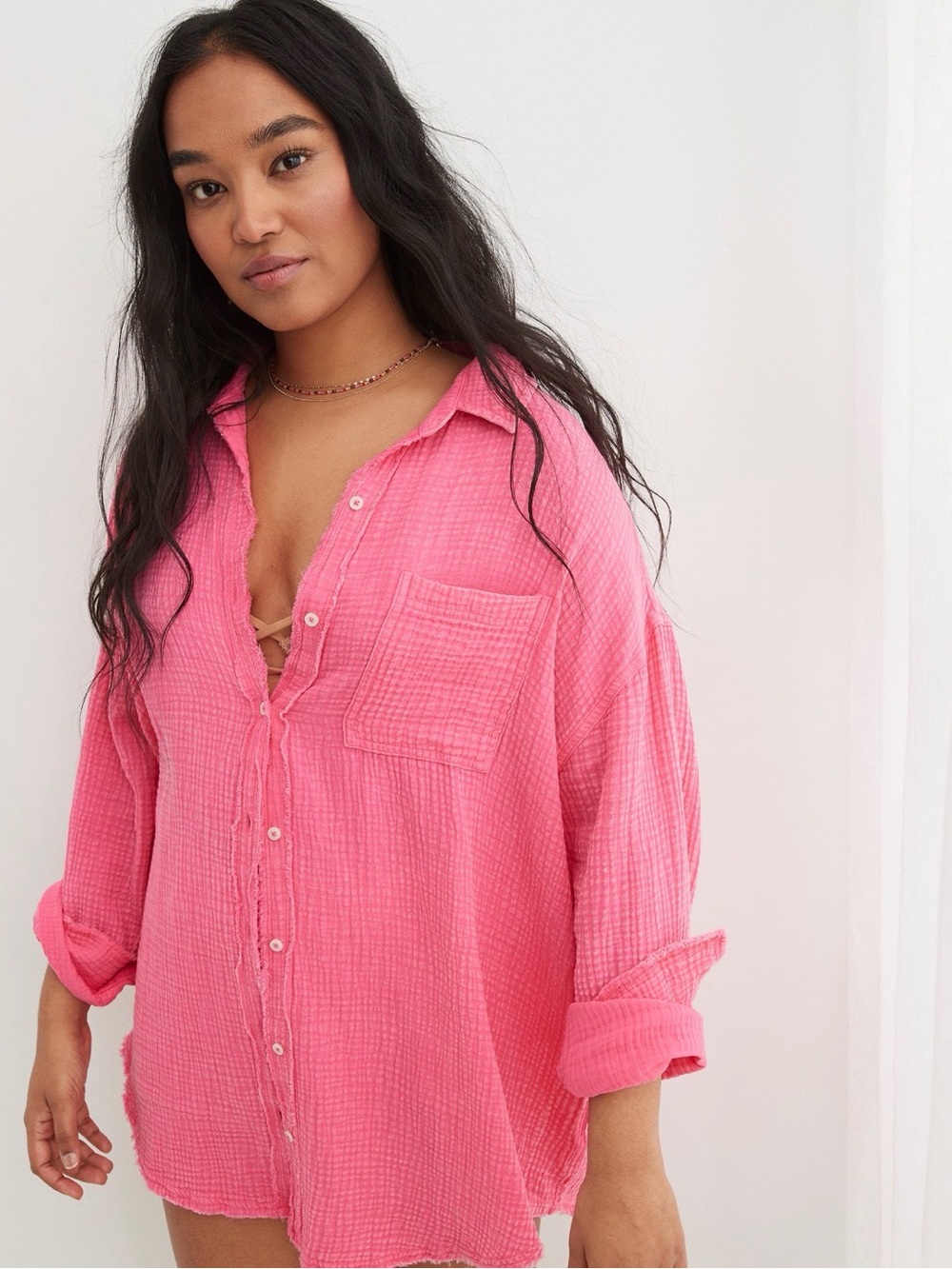 Aerie Hot Pink Casual Pool Party Button-Down Shirt
